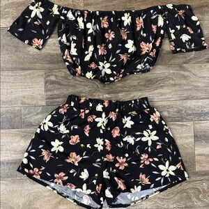SHEIN Black Floral Off-Shoulder Crop Top & Shorts Set